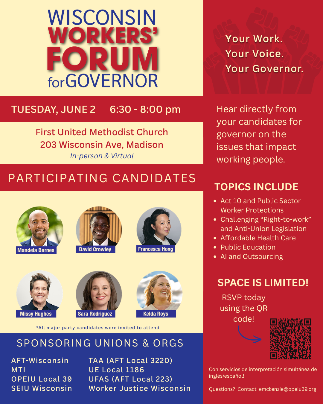 Featured image for “WI Workers’ Forum for Governor, June 2, 6:30pm”